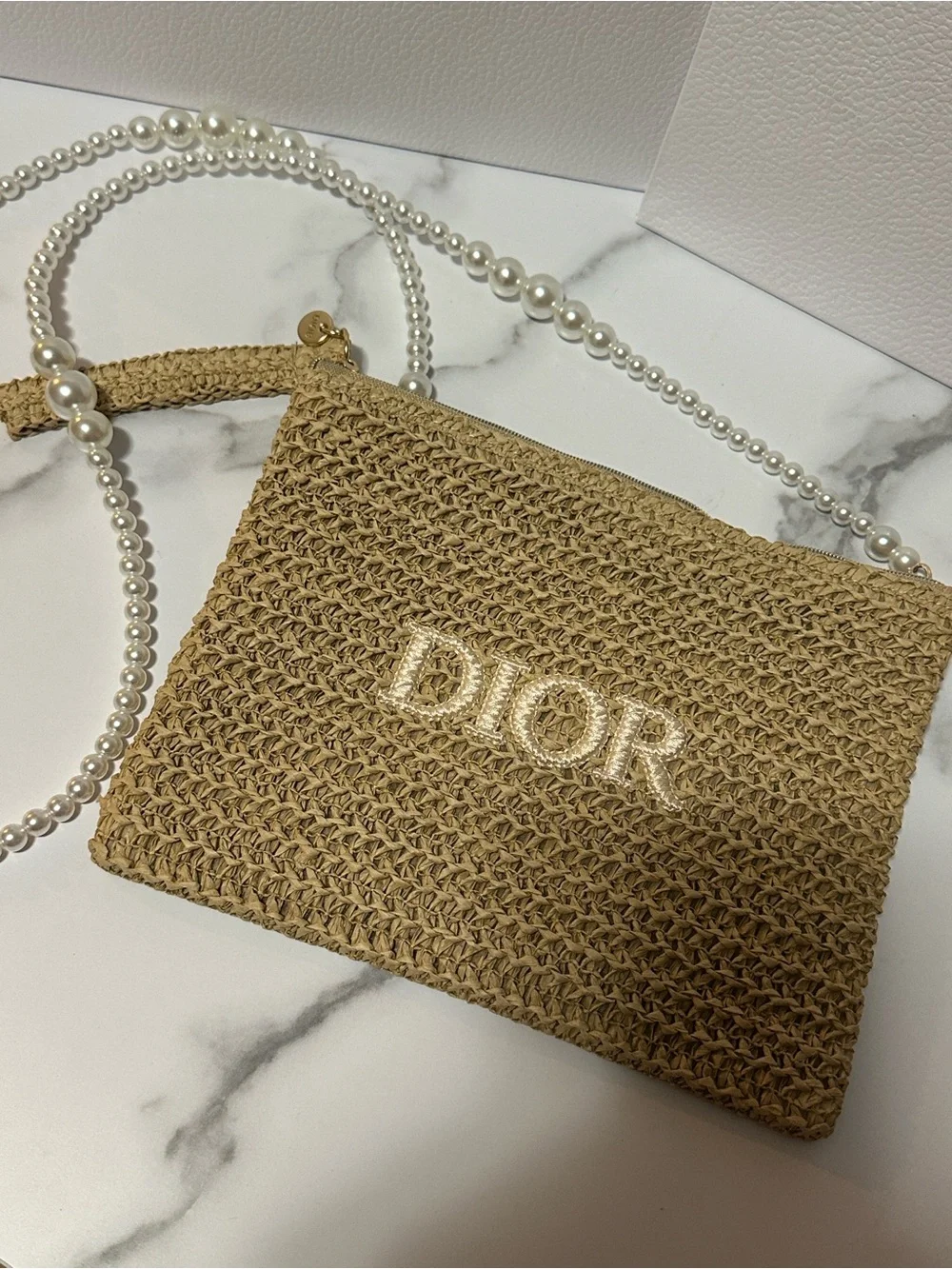 Dior Beauty Tan Woven Raffia Pouch with added Pearl crossbody strap 🤩